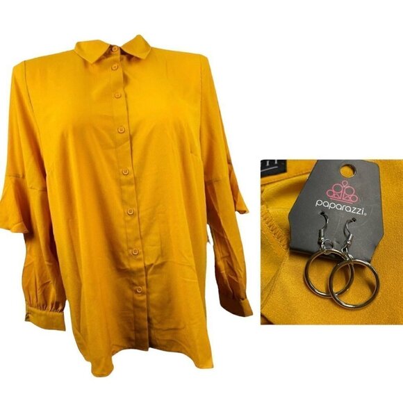 Eloquii Button Up Split Sleeve Blouse Mustard Yellow 18 - Picture 1 of 12
